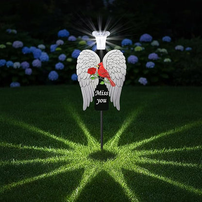 20-Inch Solar Angel Wings Memorial Stake with Red Cardinal - Metal Cemetery Decorations for Grave - Weatherproof Sympathy Gift for Loss of Loved One(Angel Wings)