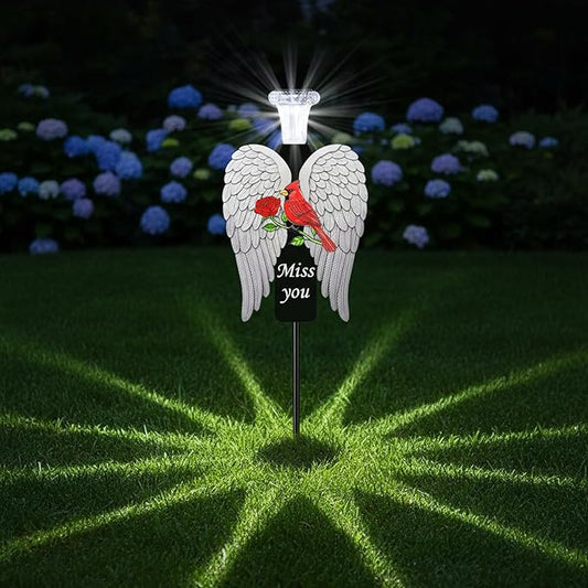 20-Inch Solar Angel Wings Memorial Stake with Red Cardinal - Metal Cemetery Decorations for Grave - Weatherproof Sympathy Gift for Loss of Loved One(Angel Wings)