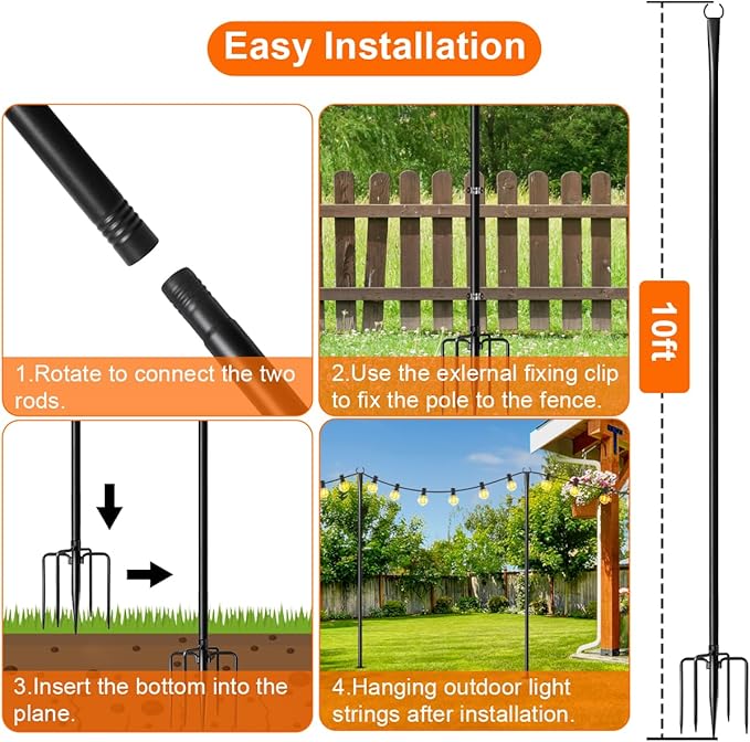 MuliVid 6 Pack 9FT String Light Poles for Outdoor,Metal Lights Hanging Pole Outside with Fork,Light Stand for Patio, Pergola, Garden, Backyard, Yard, Camping Party