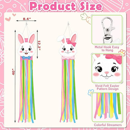 2PCS Easter Windsocks Outdoor Decorations Bunny Spring Hanging Floating Face Wind Socks for Yard Garden Porch Patio Decor