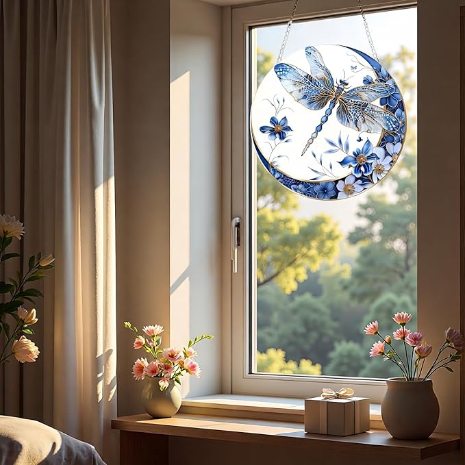 Sun Catchers Indoor Window Dragonfly and Flower，8x8 Inch Hanging Acrylic Sun Catchers Indoor Window Decor with Hook for Living Room Bedroom Summer Home Balcony Ornaments Decoration