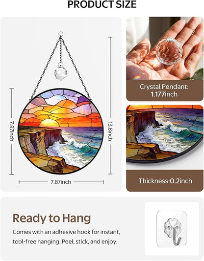 Stained Glass Window Hanging Sun Catcher, 7.8 Inch Ocean Wave Sunrise Suncatcher for Windows Home Decor, Sun Catchers Indoor Window Decoration, Birthday Gifts for Women and Mom