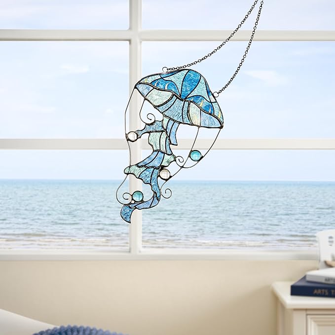 Jellyfish Stained Glass Window Hanging, Ocean Sea Life Sun Catchers Indoor Panel, Nautical Suncatcher Decor for Home, Wall, Garden, Coastal Ornament Gift for Women, Beach Lovers