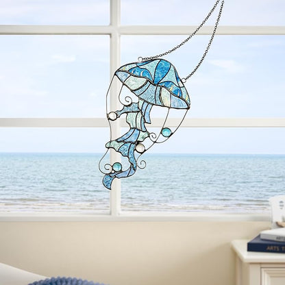 Jellyfish Stained Glass Window Hanging, Ocean Sea Life Sun Catchers Indoor Panel, Nautical Suncatcher Decor for Home, Wall, Garden, Coastal Ornament Gift for Women, Beach Lovers