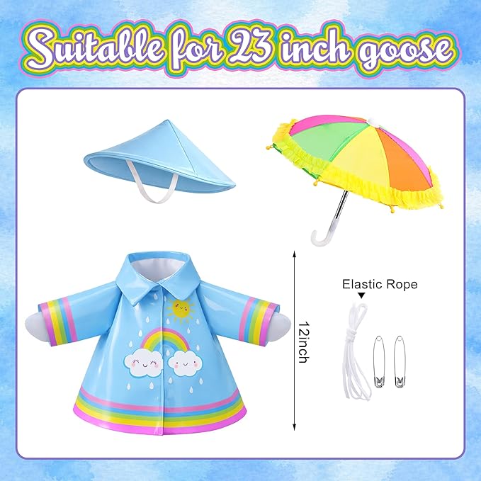 DECOHS 3 Pcs/Set Raincoat Porch Goose Outfits, Summer Lawn Goose Statue Raincoat Costume, Yard Goose Clothes Raincoats Umbrella Hat Outfit for 23" Statue Patio Garden Decoration (Blue Rainbow)