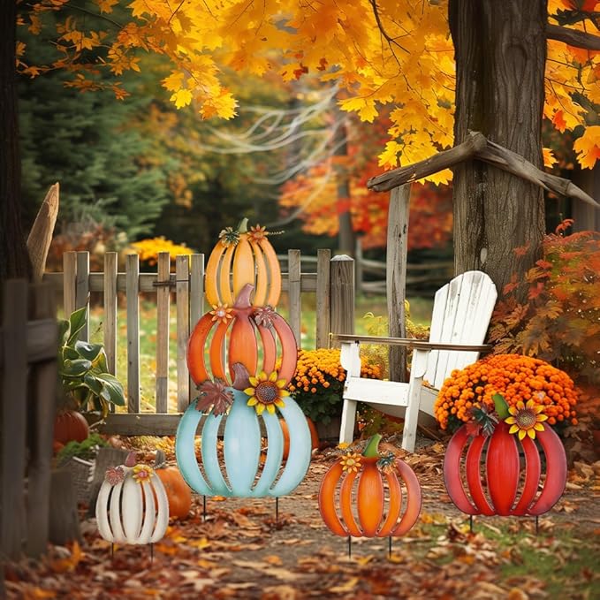 hogardeck Fall Decorations for Home Outdoor, 2 PCS 34" Decorative Garden Stakes with 6 Stacked Pumpkins for Fall Decor, Metal Yard Signs for Garden Home Lawn Patio Thanksgiving