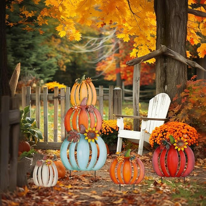 hogardeck Fall Decorations for Home Outdoor, 2 PCS 34" Decorative Garden Stakes with 6 Stacked Pumpkins for Fall Decor, Metal Yard Signs for Garden Home Lawn Patio Thanksgiving