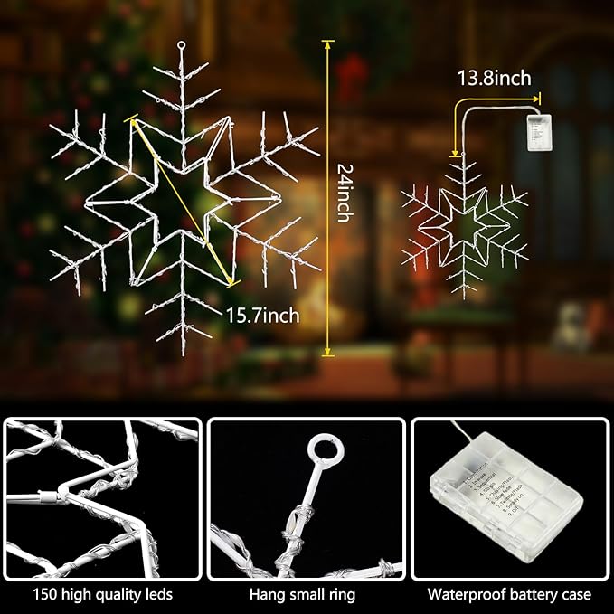 Tuanse 1 Pcs 24" Folding Christmas Snowflake Lights with Remote Control 150 LED Outdoor Hanging Light up Snowflakes Decor for Xmas Tree Window Yard Garden Porch Party Decoration (Warm White)
