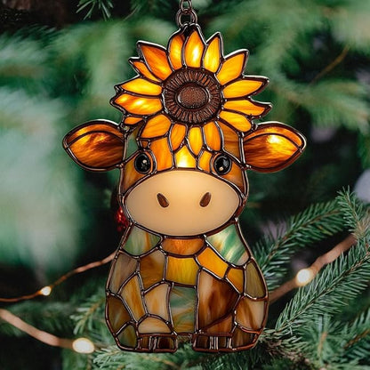 Mosaic Cow and Sunflowers Lover Acrylic Suncatcher Stained Glass Effect Window Car Hanging Christmas Ornament Indoor Outdoor Decor Garden Sun Catcher Panel for Cow Lover for Women Mom Grandma