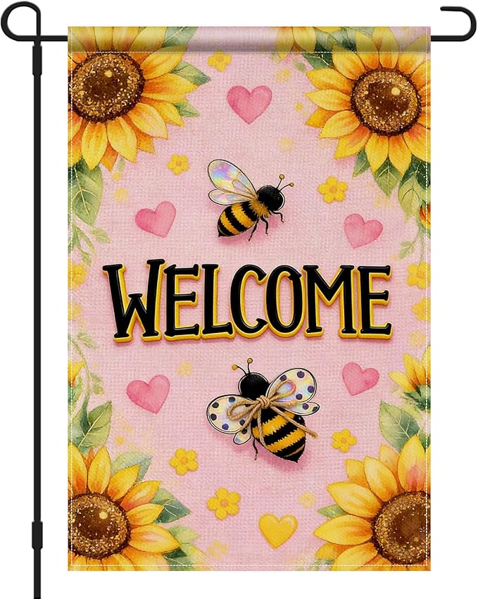 IVN Spring Summer Garden Flag 12x18 Inch – Welcome Sunflower Bee Outdoor Flag, Double Sided Burlap Farmhouse Yard Flag for Porch Lawn Patio Seasonal Home Decor