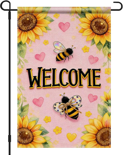IVN Spring Summer Garden Flag 12x18 Inch – Welcome Sunflower Bee Outdoor Flag, Double Sided Burlap Farmhouse Yard Flag for Porch Lawn Patio Seasonal Home Decor