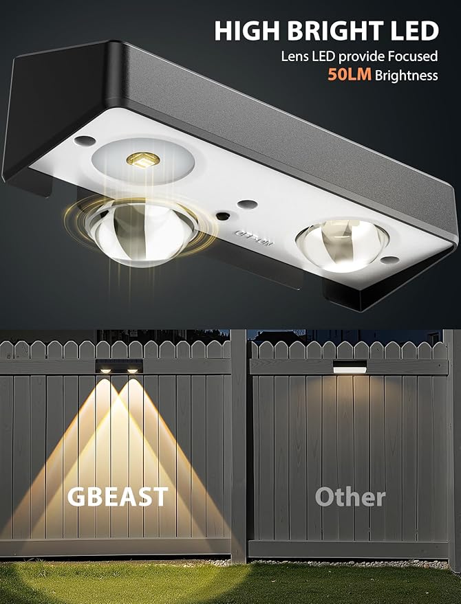 GBEAST Solar Fence Lights Outdoor, RGB 8 Colors & Warm White, Bright Led Fence Lights Outdoor Waterproof Dusk to Dawn Solar Deck Light for Backyard/Railing/Wall/Step/Patio/Porch (2 Pack)