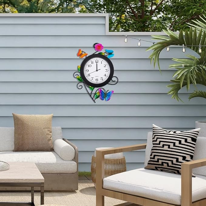 Outdoor Clock with Butterfly and Flowers, Butterflies Outdoor Wall Clock Waterproof, Silent No-Ticking Outdoor Clocks for Patio, Living Room, Kitchen, Garden