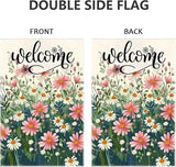 Welcome Spring Summer Daisy Garden Flag 12x18 Double Sided, Small Burlap Floral Garden Flags Summer Outdoor Decorations Yard Lawn Porch Flags for Outside Decor