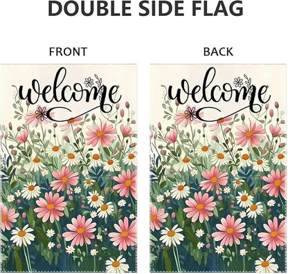 Welcome Spring Summer Daisy Garden Flag 12x18 Double Sided, Small Burlap Floral Garden Flags Summer Outdoor Decorations Yard Lawn Porch Flags for Outside Decor