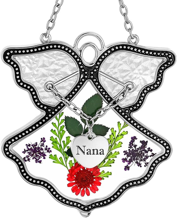 KY&BOSAM Angel Suncatcher Nana Stained Glass for Windows Hangings Wind Chime Home Decor with Pressed Drived Flower in Glass and Metal Charm Birthdays Gifts for Nana Mothers Day Valentines Christmas