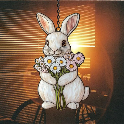 Whimsical Pastel Floral Bunny Mosaic Acrylic Suncatcher Stained Glass Effect Window Car Hanging Christmas Ornament Indoor Outdoor Decor Garden Sun Catcher Panel for Easter Lover for Women Mom Grandma