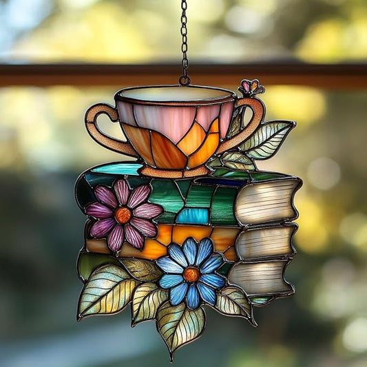 Floral Books and Tea Acrylic Suncatcher Stained Glass Effect Window Car Hanging Christmas Ornament Indoor Outdoor Decor Garden Sun Catcher Panel for Book Lover for Women Mom Grandma