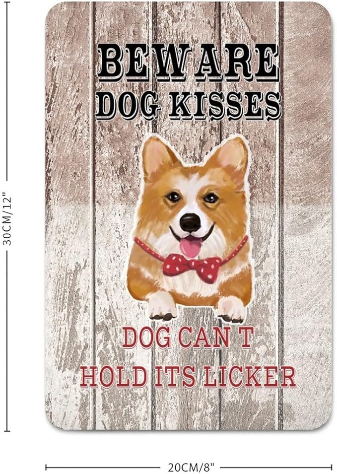 Beware Dog Kisses Dog Can't Hold Its Licker Street Metal Signs Vintage Man Cave Warning Aluminum Metal Tin Sign for Garden Patio Yard Cafe Pub Home Decor Wall Art Print Poster 8x12