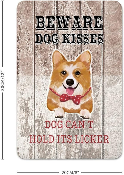 Beware Dog Kisses Dog Can't Hold Its Licker Street Metal Signs Vintage Man Cave Warning Aluminum Metal Tin Sign for Garden Patio Yard Cafe Pub Home Decor Wall Art Print Poster 8x12
