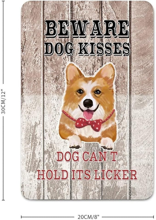 Beware Dog Kisses Dog Can't Hold Its Licker Street Metal Signs Vintage Man Cave Warning Aluminum Metal Tin Sign for Garden Patio Yard Cafe Pub Home Decor Wall Art Print Poster 8x12