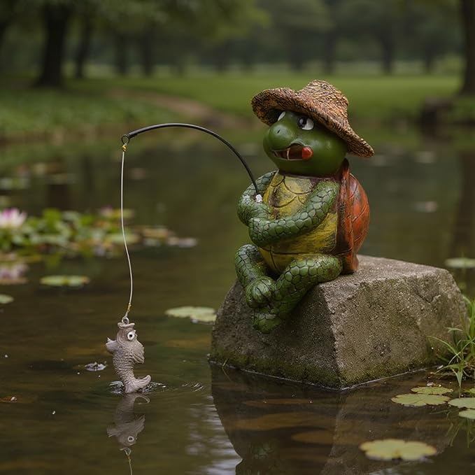 Elenon Fishing Turtle Garden Statue, 9" Turtle with Pole Decor for Koi Pond Waterfalls, Adorable Flower Bed Outdoor Yard Patio Art Decorative Sculptures Table Ornament