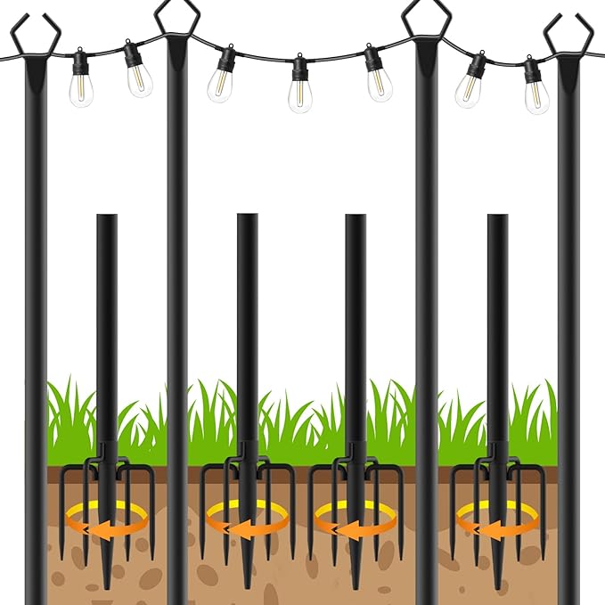 AHRLHR 4 Pack String Light Poles, Outdoor String Light Pole 10ft Forked Metal Light Pole with Adjustable Outdoor Light Stand, Deck, Backyard, Garden, Wedding, Rustproof and Sturdy with Hooks