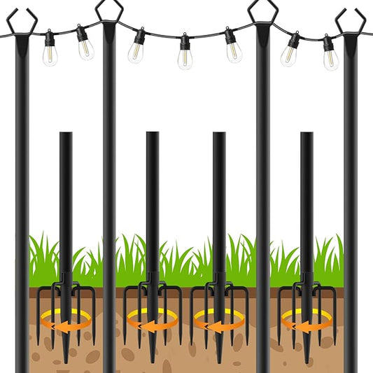 AHRLHR 4 Pack String Light Poles, Outdoor String Light Pole 10ft Forked Metal Light Pole with Adjustable Outdoor Light Stand, Deck, Backyard, Garden, Wedding, Rustproof and Sturdy with Hooks