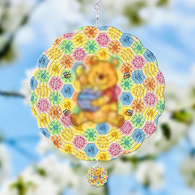 GENANY Honey Bear Hanging Wind Spinners for Women Men, 12 Inch Metal 3D, Stainless Steel Hanging Wind Catchers Sculpture for Outside, Outdoor Spring Decoration, Unique Gift