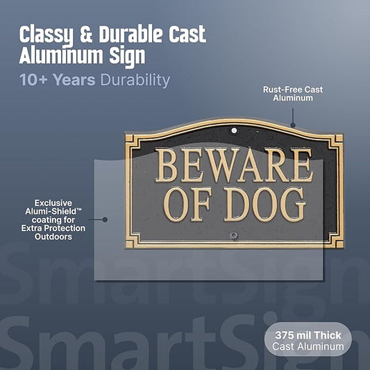 SmartSign Designer Beware of Dog Plaque/Marker/Sign with Stake 18" Tall | 5.75" x 9.5" Aluminum Metal Sign for Yard/Lawn, Gold & Black, Alumi-Shield Coating, Made in USA