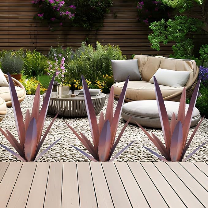 2PCS Large Tequila Rustic Sculpture, Wind Resistant Metal Agave Plants Garden Art for Outdoor Home Decor, DIY Hand Painted Metal Agave Yard Sculpture Statue Garden Lawn Ornament Gift (2, Brown)