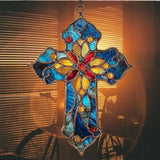 Mosaic Style Christian Cross Tiffany Effect Acrylic Suncatcher Stained Glass Effect Window Car Hanging Christmas Ornament Indoor Outdoor Decor Garden Sun Catcher Panel for Women Mom Grandma