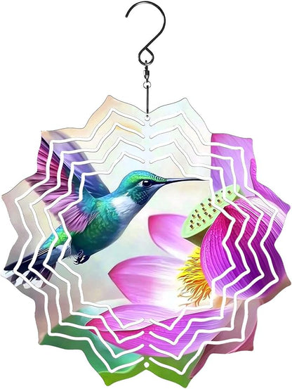 8 Inch Sublimation Wind Spinner, 3D Aluminum Metal Wind Spinner with Hook, Indoor Yard Garden Hanging Decoration, Weather Resistant Rotating Spiral Ornament, Hummingbird and Lotus
