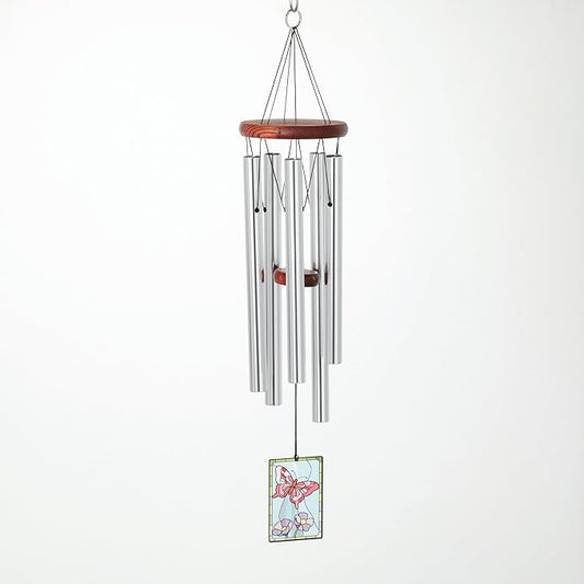 Woodstock Wind Chimes 26" Butterfly Garden Chime, Stained-Glass Acrylic Wind Catcher Chimes Silver Aluminum Tubes, Windchime for Outside Garden Decor, Outdoor Patio and Front Porch