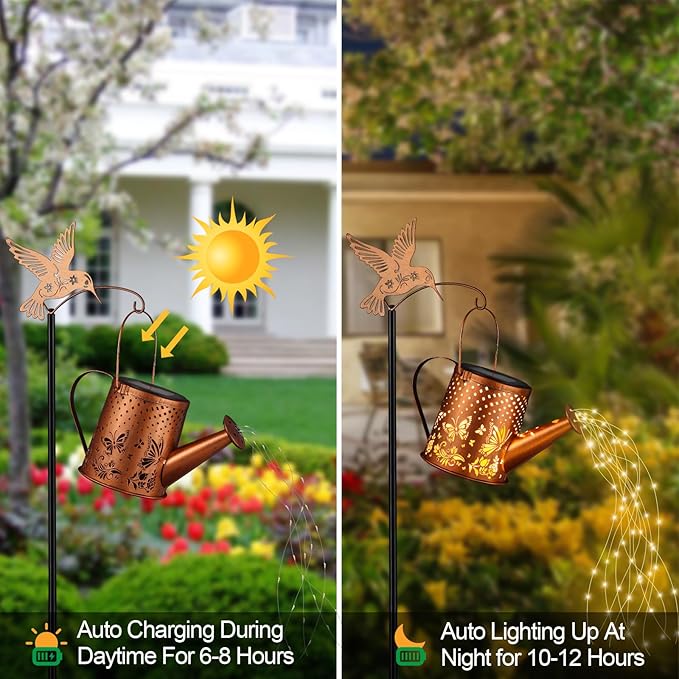 Gifts for Mom, Butterfly Solar Lantern Outdoor Waterproof, Outside Metal Watering can Landscape Lights for Garden Yard Patio Pathway Decor Birthday Gifts for Women Grandma -with Pole