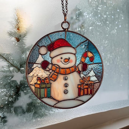 Cute Snowman Giving Presents Mosaic Acrylic Suncatcher Stained Glass Effect Window Car Hanging Christmas Ornament Indoor Outdoor Decor Garden Sun Catcher Panel for Women Mom Grandma