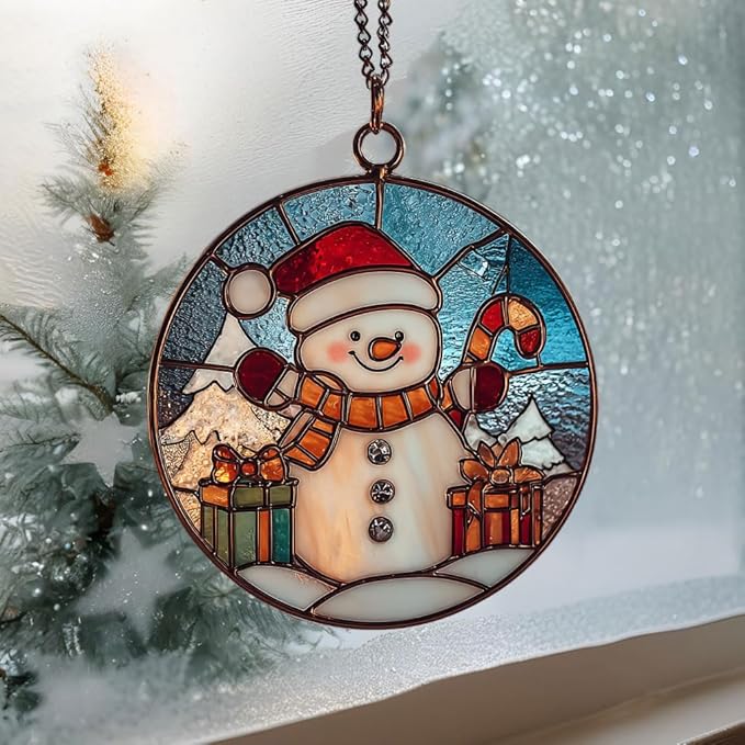 Cute Snowman Giving Presents Mosaic Acrylic Suncatcher Stained Glass Effect Window Car Hanging Christmas Ornament Indoor Outdoor Decor Garden Sun Catcher Panel for Women Mom Grandma