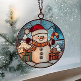 Cute Snowman Giving Presents Mosaic Acrylic Suncatcher Stained Glass Effect Window Car Hanging Christmas Ornament Indoor Outdoor Decor Garden Sun Catcher Panel for Women Mom Grandma
