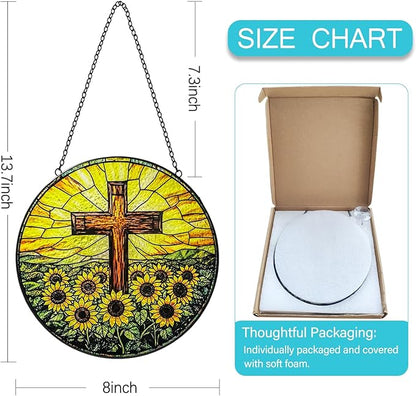 Stained Glass Window Hanging, 8 Inch Stained Glass Cross Sunflower Suncatcher, Christian Sun Catchers Indoor Window, Flower Cross Religious Home Garden Decor, Easter Faith Christian Gifts for Women