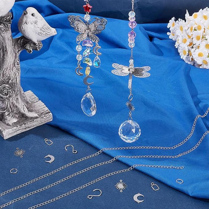 1 Box 10 Sets DIY Suncatcher Kits 5M/196.8In Silver Suncatcher Chains and Hooks Sun Moon Charms Crystal Ball Suspension Chain Kits for Window Prism Home Wedding Xmas Tree Hanging Decoration