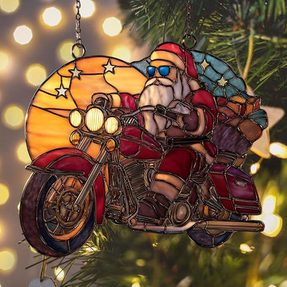 Cool Santa Riding Motorcycle Acrylic Suncatcher Stained Glass Effect Window Car Hanging Christmas Ornament Indoor Outdoor Decor Garden Sun Catcher Panel for Women Mom Grandma