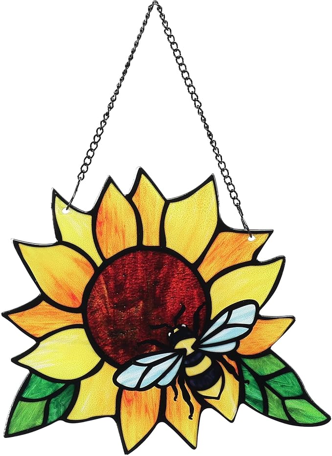 Stained Glass Suncatcher, Sunflower and Ladybug Window Hanging, Hand-Painted (Style 3)