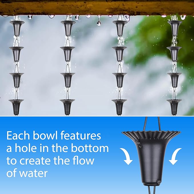 RainChains Pacific Fluted Cup Rain Chain 8.5ft Black Aluminum Rain Catcher Chain Decorative Rain Chains for Gutters.