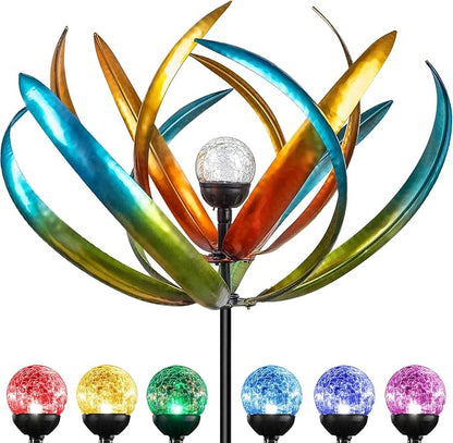 Large Solar Wind Spinners for Yard and Garden-82.6 Inch 360° Metal Wind Sculptures Outdoor Clearance Kinetic Windmills with Multi Color Led Glass Ball