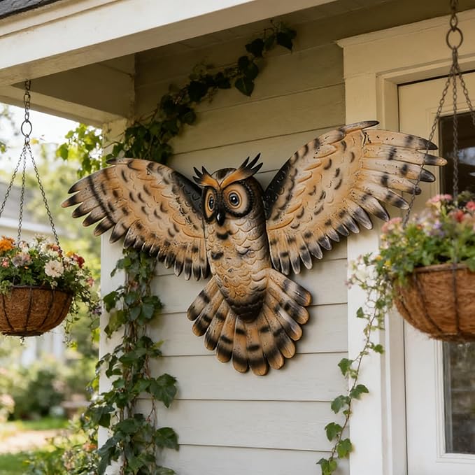 JJALIGHTS 37" Large Metal Owl Wall Art Outdoor Indoor Decor - Flying Owl Wall Hangings for Garden Patio Home Bedroom Office Decoration