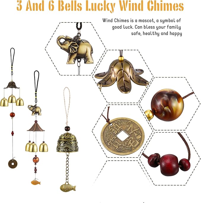 3 Pieces Feng Shui Wind Bell Wind Chimes Chinese Metal Bell Vintage Dragon Fish and Elephant Feng Shui Hanging Chime for Good Luck, Safe, Home Garden Patio Hanging Decoration