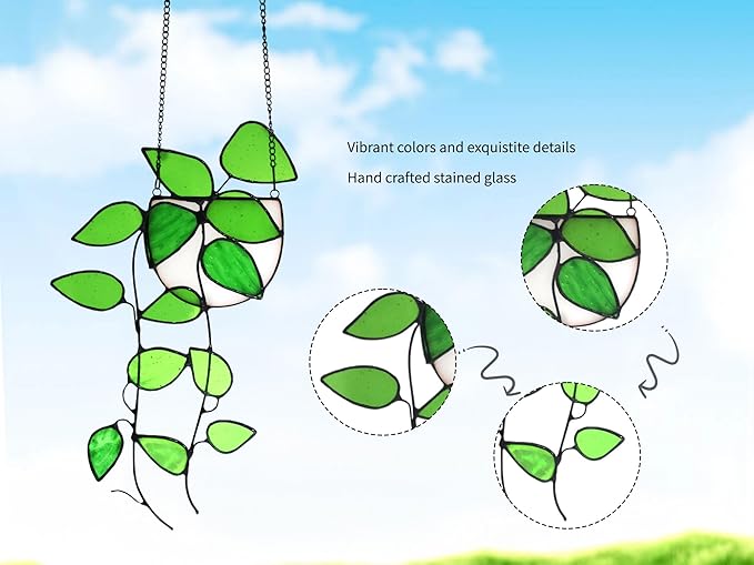 Lolitarcrafts Plant Stained Glass Window Hangings Faux Plant Leaf Suncatchers for Plant Lovers Monther Day Gifts