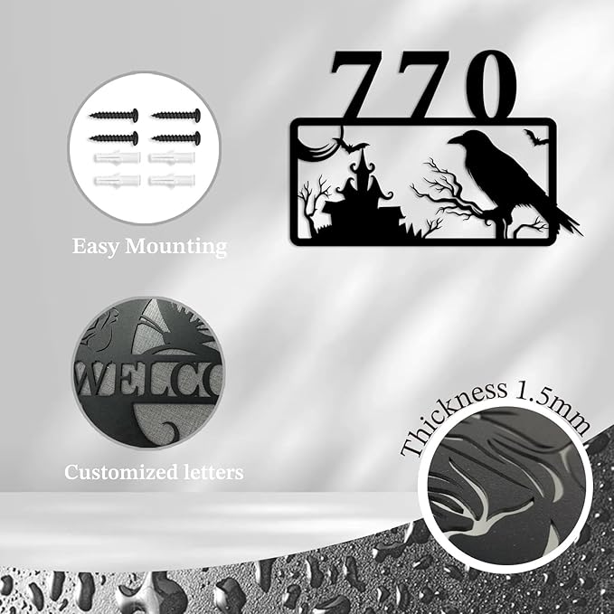 Personalized Gothic House Number metal Signs,Custom Address Number Metal Wall Art Decor,Black Plaques Outdoor wall Decorative Signage,Shed(8-30 Inches) (Crow C)