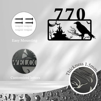 Personalized Gothic House Number metal Signs,Custom Address Number Metal Wall Art Decor,Black Plaques Outdoor wall Decorative Signage,Shed(8-30 Inches) (Crow C)