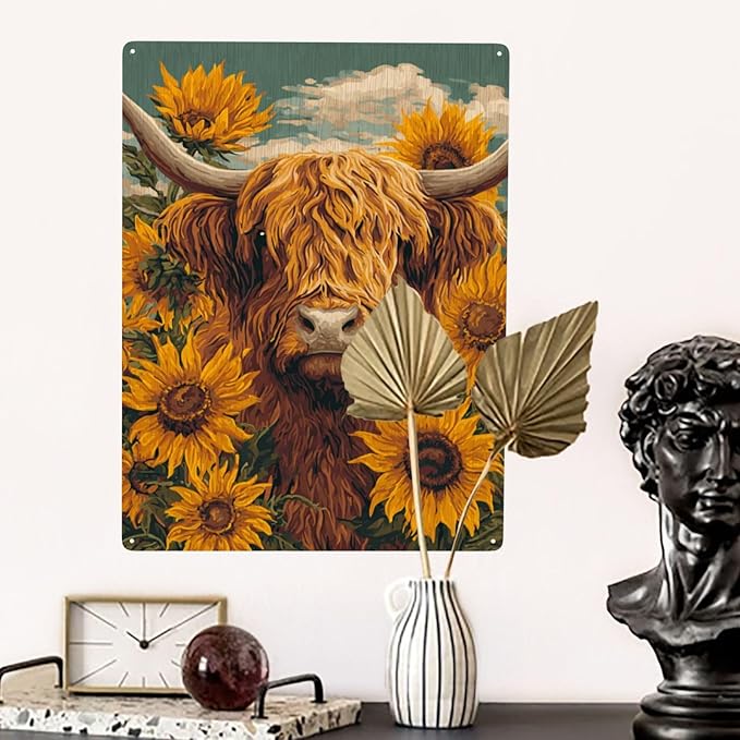 Pastoral Highland Cattle Metal Poster Wall Art, 12X16 Inch Metal Sign Depicting Shaggy Scottish Cow.Vintage Colors Aesthetics,Vibrant Design,Gift Ideal For Farm Life Lovers